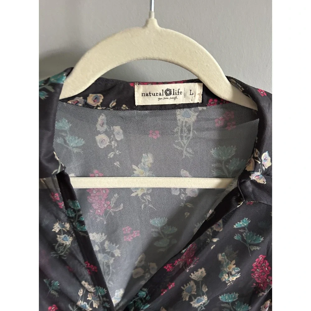 Natural Life Womens Large Sheer Mesh Dark Floral Ruched Button Down Blouse Top